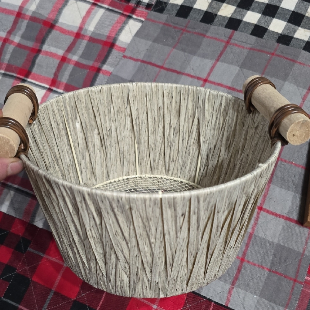 Rustic Tan Woven Basket with Wooden Handles